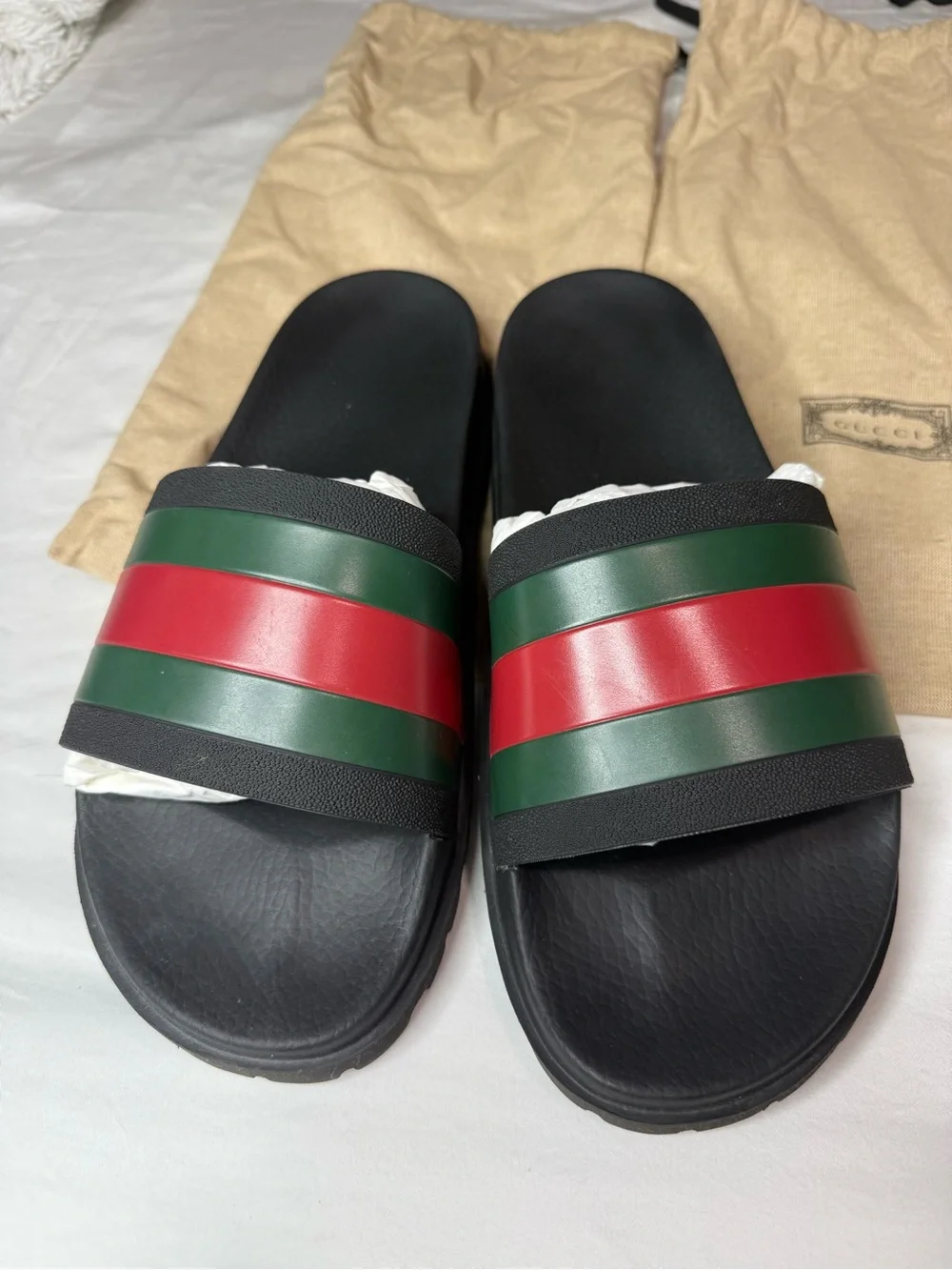 Gucci Black Slides with Green & Red Web Stripes
